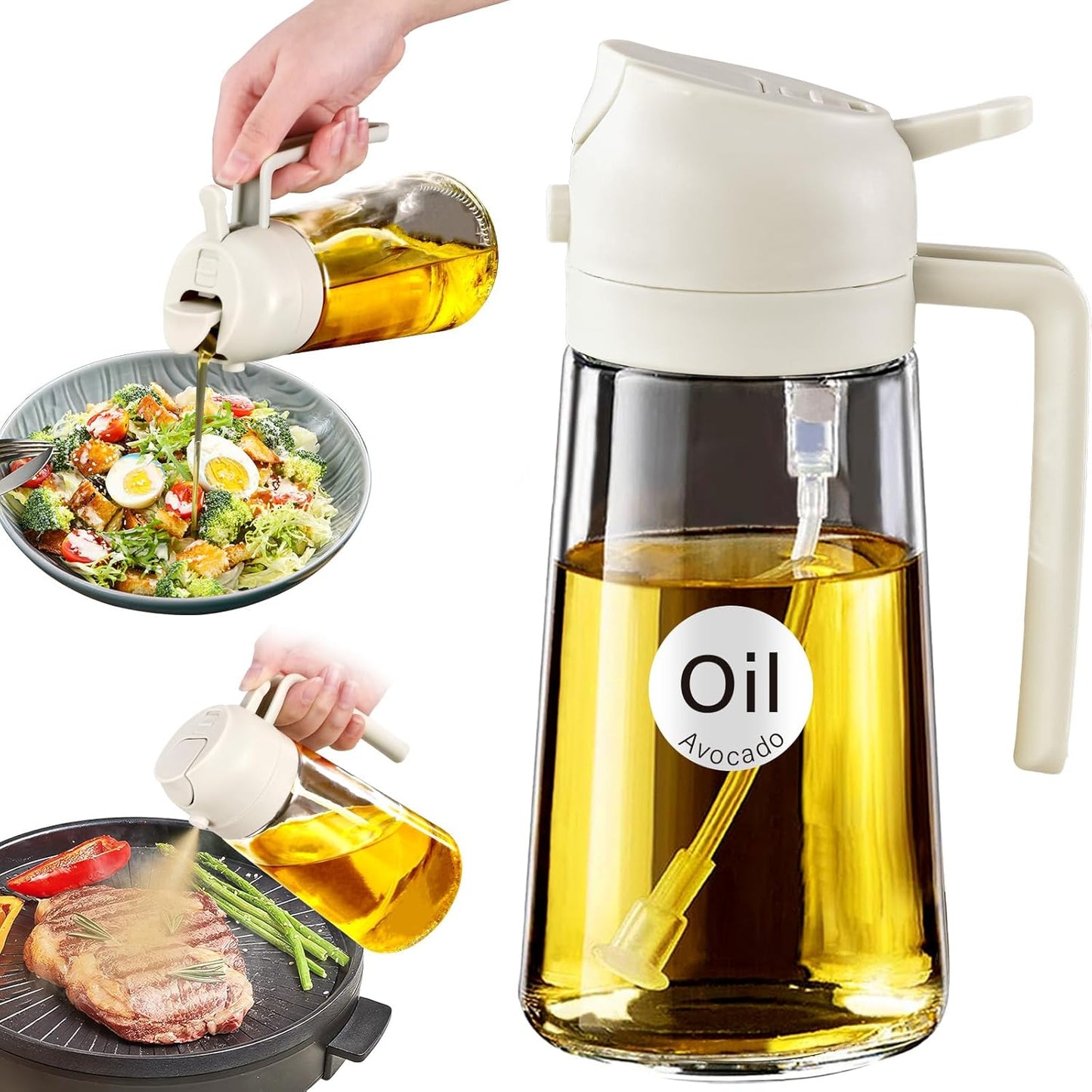 YARRAMATE Glass Olive Oil Sprayer - 16oz Food Grade Premium Dispenser for Cooking & BBQ | Creamy White