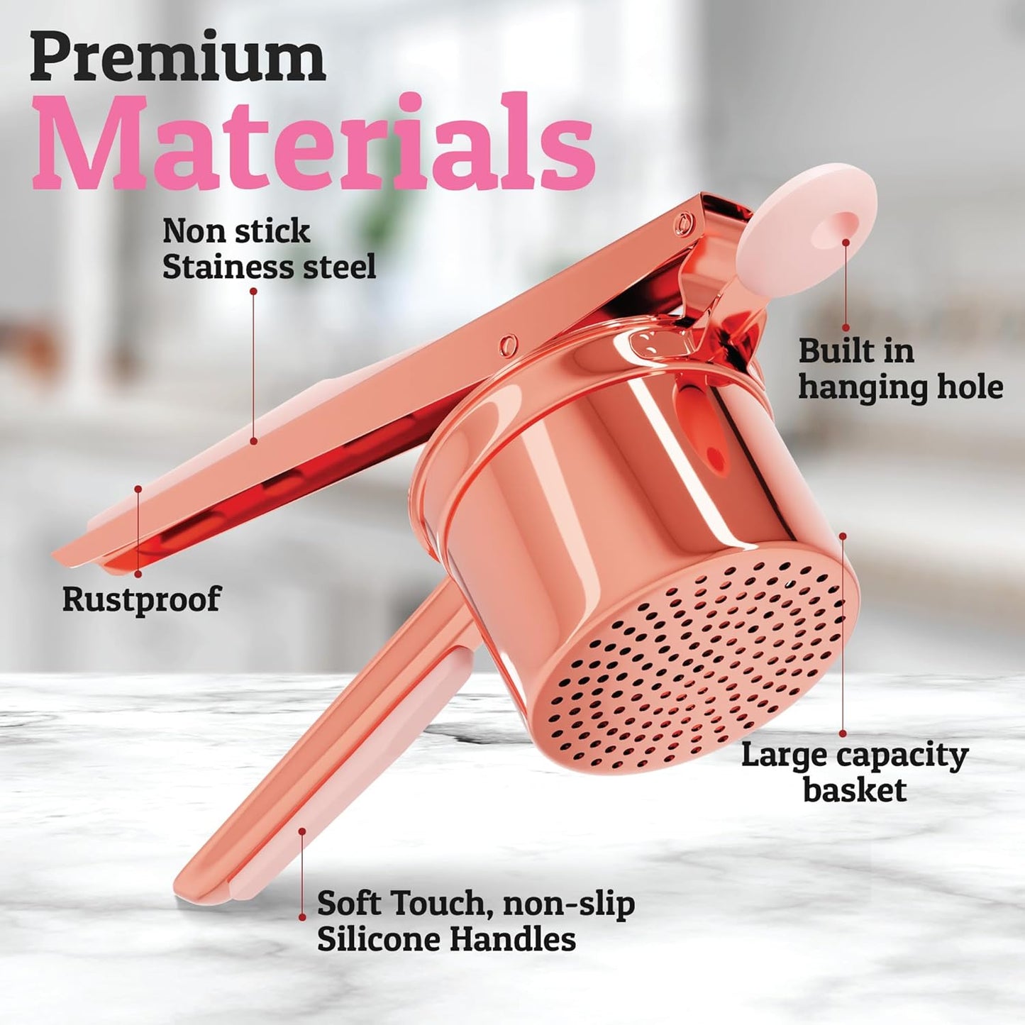 PriorityChef 15oz Potato Ricer - Heavy Duty Stainless Steel Masher for Perfect Mashed Potatoes | Rose Gold & Pink