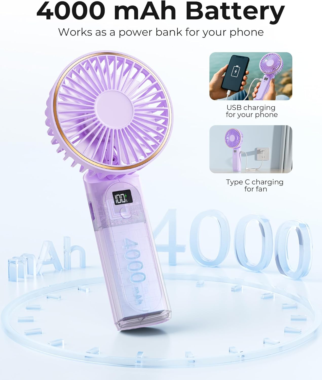TUNISE Portable Handheld Fan - 4000mAh Battery, 6 Speed Settings, USB Rechargeable & Adjustable