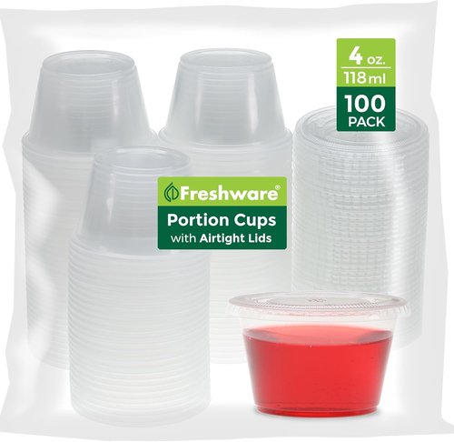 Freshware Portion Cups with Lids - 4-Ounce Plastic Containers for Souffle, Sauce, Snacks | 100 Sets, BPA Free