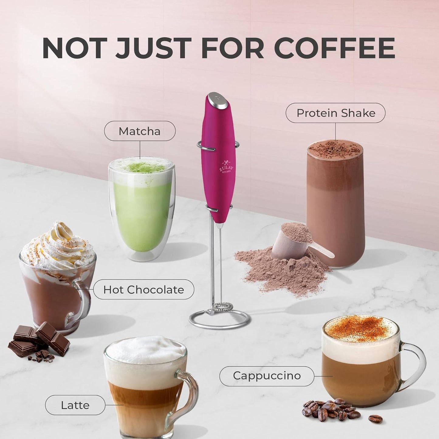 Zulay Kitchen Milk Frother Wand - Ultra-Fast Handheld Drink Mixer with 4 AA Batteries | Perfect for Coffee, Lattes, and Matcha - Dragonfruit