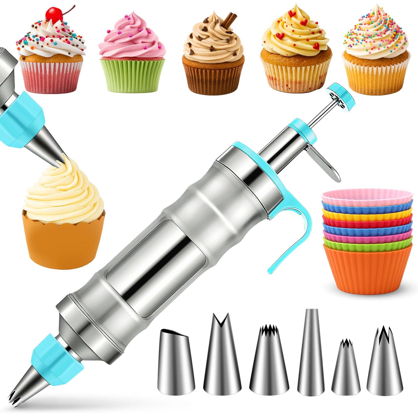 Novano Dessert Decorating Syringe Set, Frosting Piping Kit Stainless Steels Cake Decorating Kit with 6 Piping Tips & 9 silicone cupcakes, Cupcake Decorating Kit Piping Bags and Tips Set