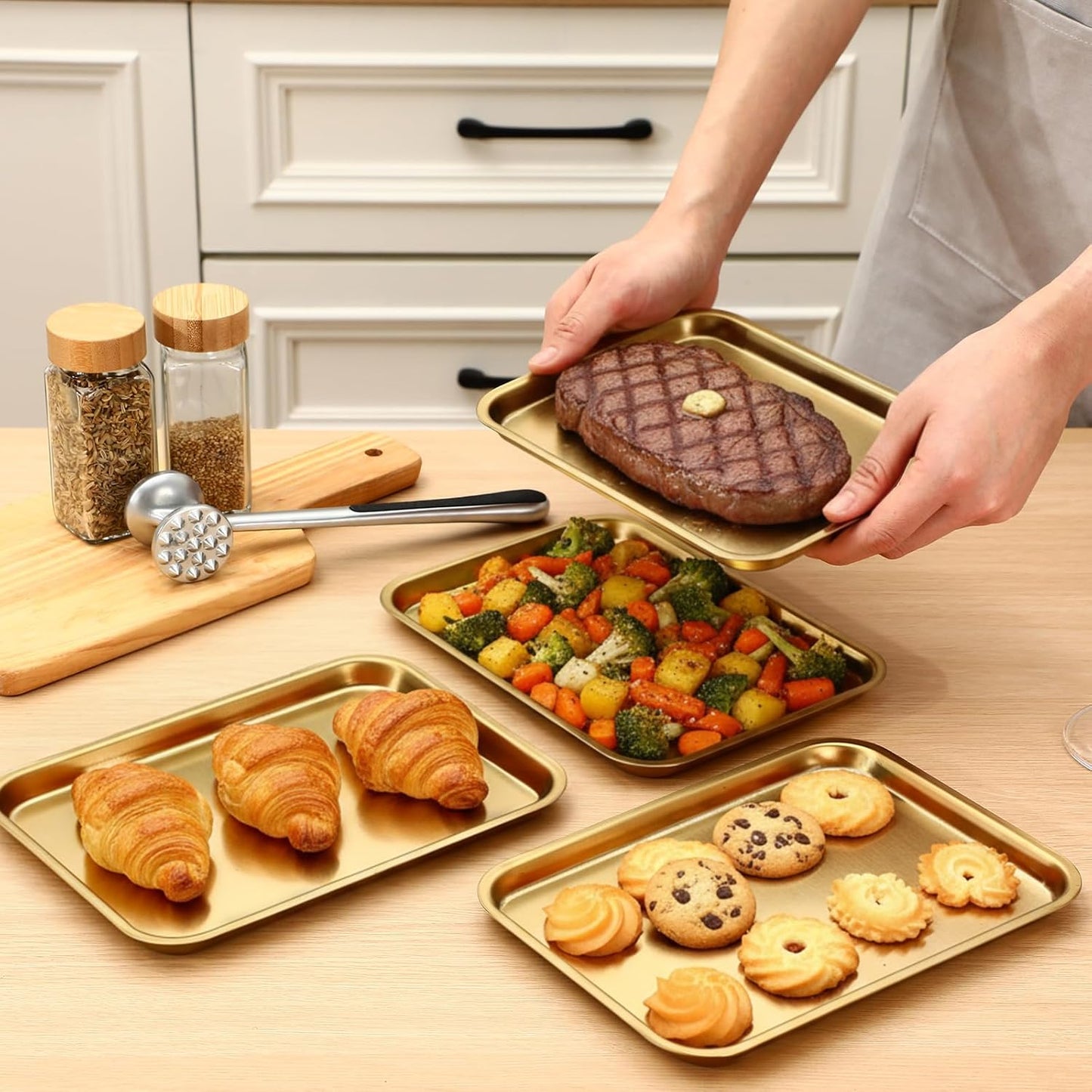 Skiennix Gold Baking Sheets - 6 Pcs Stainless Steel Cookie Tray | Rust-Free, Easy Clean, Dishwasher Safe