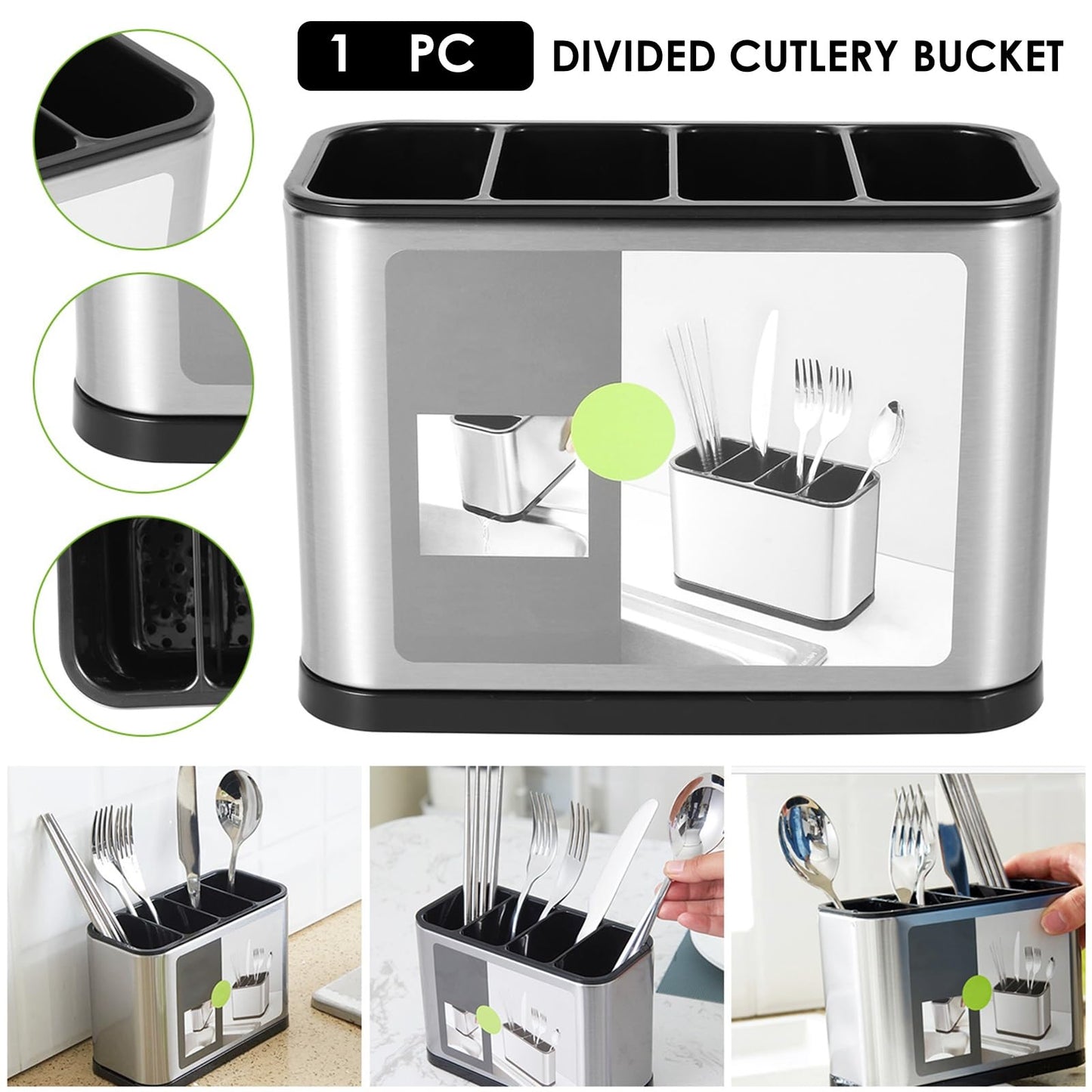FAMIWIN Silverware Cutlery Organizer, Stainless Steel Kitchen Utensil Holder with 4 Compartments for Counter, Caddy Organizer for Faltware Spoon Fork and Tool