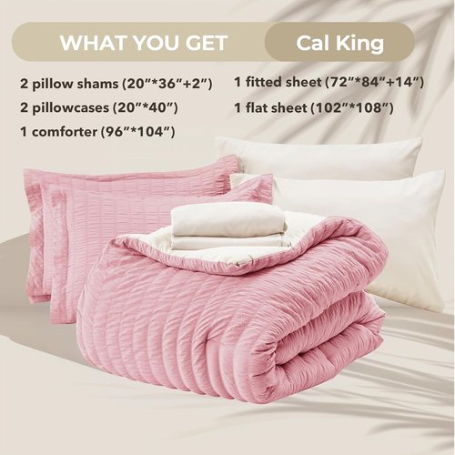 HYMOKEGE California King Comforter Set - Luxury 7-Piece Seersucker Bedding in Pink/Ivory for All Seasons