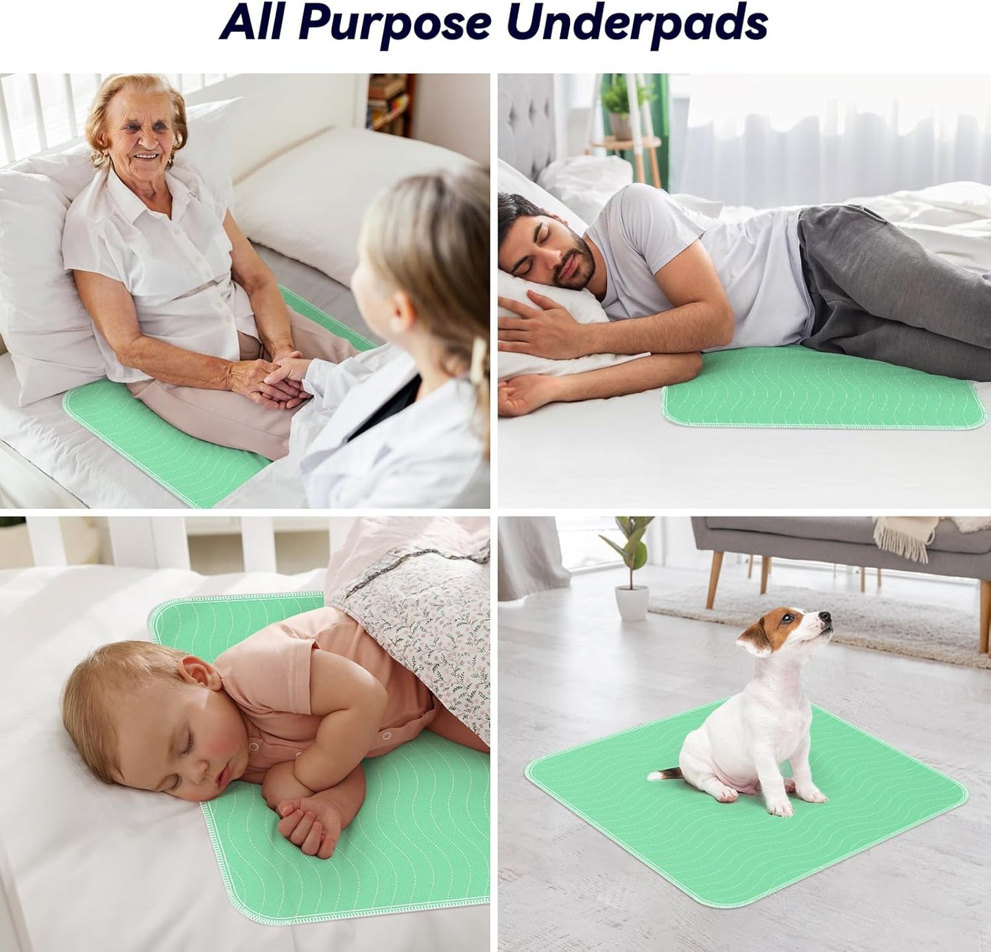Skiennix 4 Pack Washable Underpads - Extra Heavy Absorbency Waterproof Bed Pads for Adults & Dogs | 24” x 24”