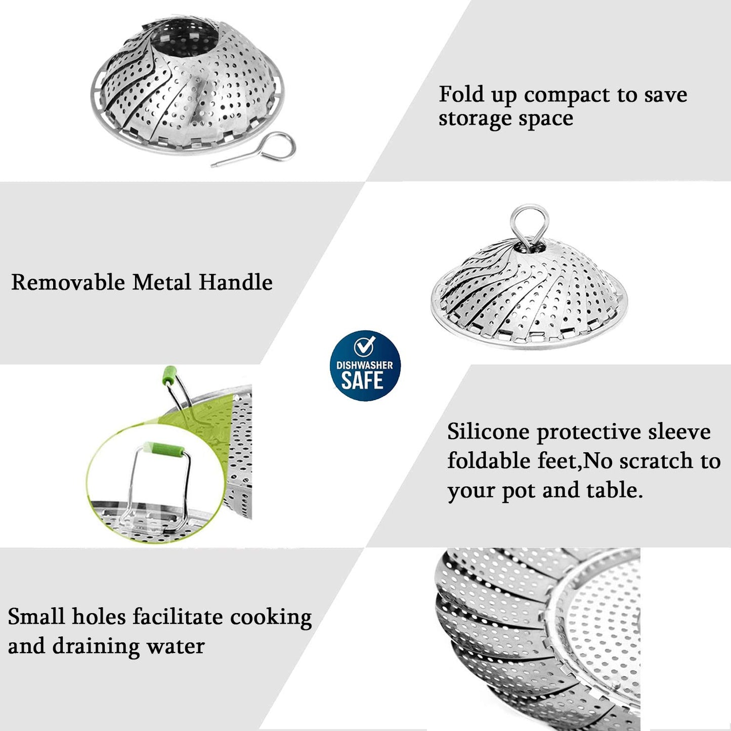 Steamer Basket Stainless Steel Vegetable Basket Metal Handle Folding Silicone Feet Steamer Insert for Cooking Veggies Fish Seafood Include Safety Tool,Fit Various Pot Pressure Cooker (5.1" to 9.5")
