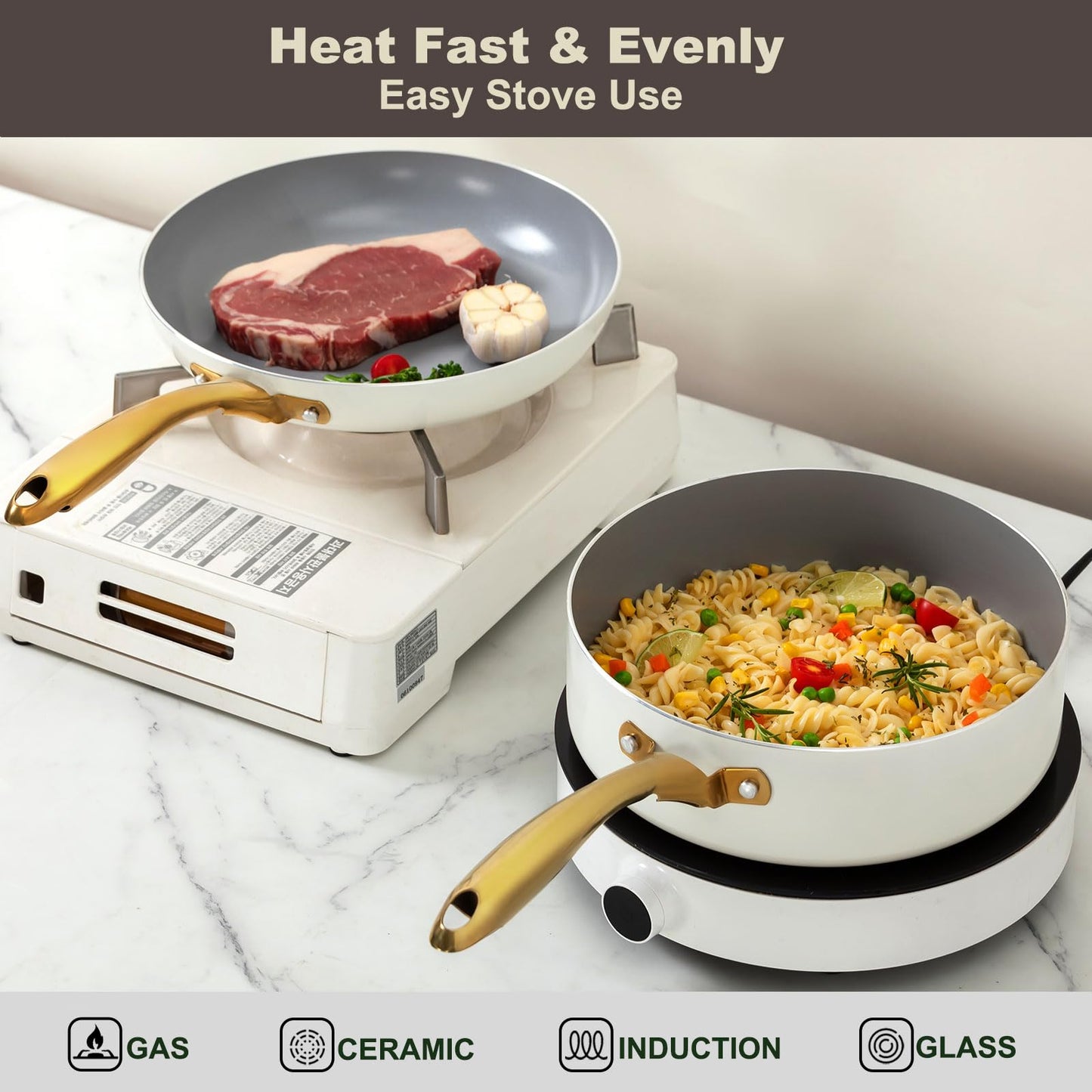 OUBRL ceramic cookware set,Healthy,Non Toxic,Pots and Pans Set non stick,14-Pcs Kitchen induction cooking Sets, nonstick Pot and Pan Set with silicione Utensils,PFOS/PFOA Free,Cream and Gold