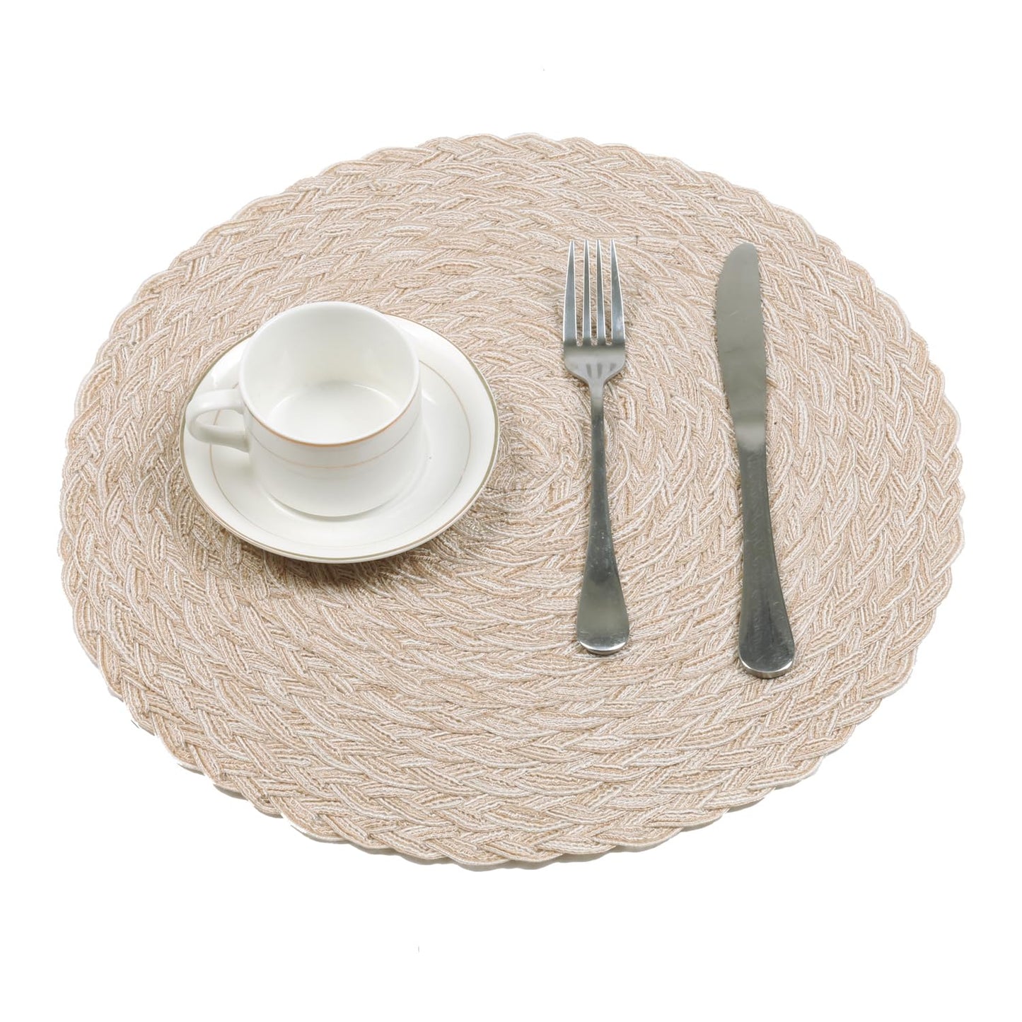 SHACOS Round Braided Placemats 15 inch Set of 6 Thick Boho Kitchen Table Placemats for Home Wedding Party (T-Beige, 6)