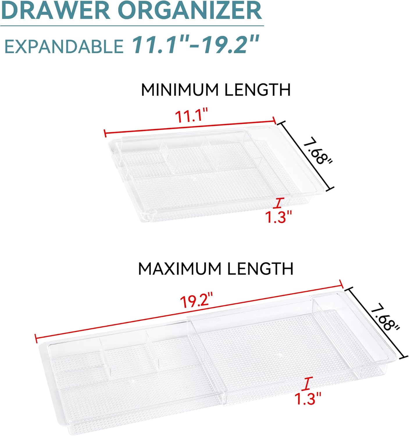 Oubonun Expandable Drawer Organizer - Shallow Cosmetic Storage Trays | 11.1” to 19.2” Width, 4 Pack, Clear