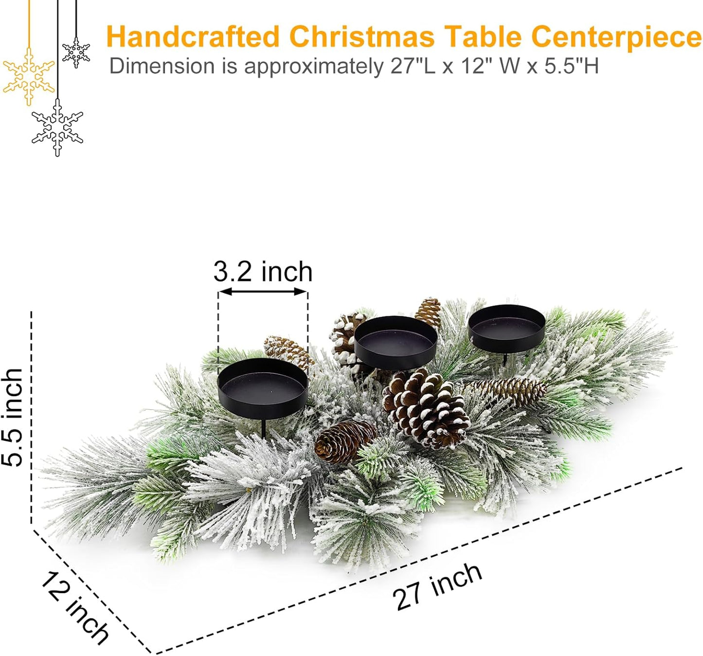 Skiennix Christmas Table Centerpiece - 27.5 Inch Flocked Pine Needles & Frosted Pine Cones | Snowy Decor