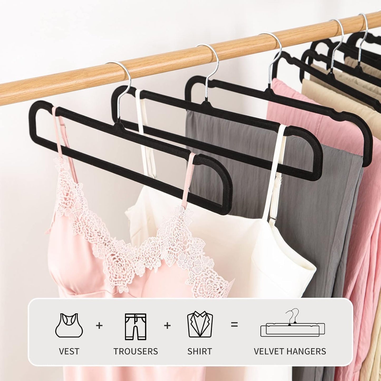 Velvet Hangers Non-Slip - 20 Pack Thin Space-Saving Pants Hangers with 360° Rotatable Hook - Black