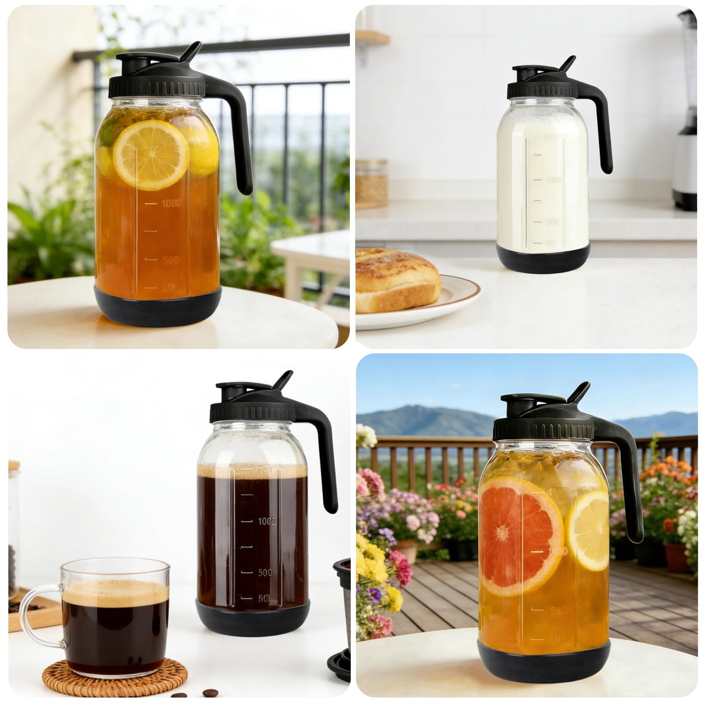 64 oz Glass Mason Jar Pitcher with Lid, Handle & Non-Slip Silicone Base, Food-Grade Leakproof & Airtight – 2-Quart Iced Tea Pitcher for Fridge, Breast Milk Storage, Sun Tea & Cold Brew (Black)