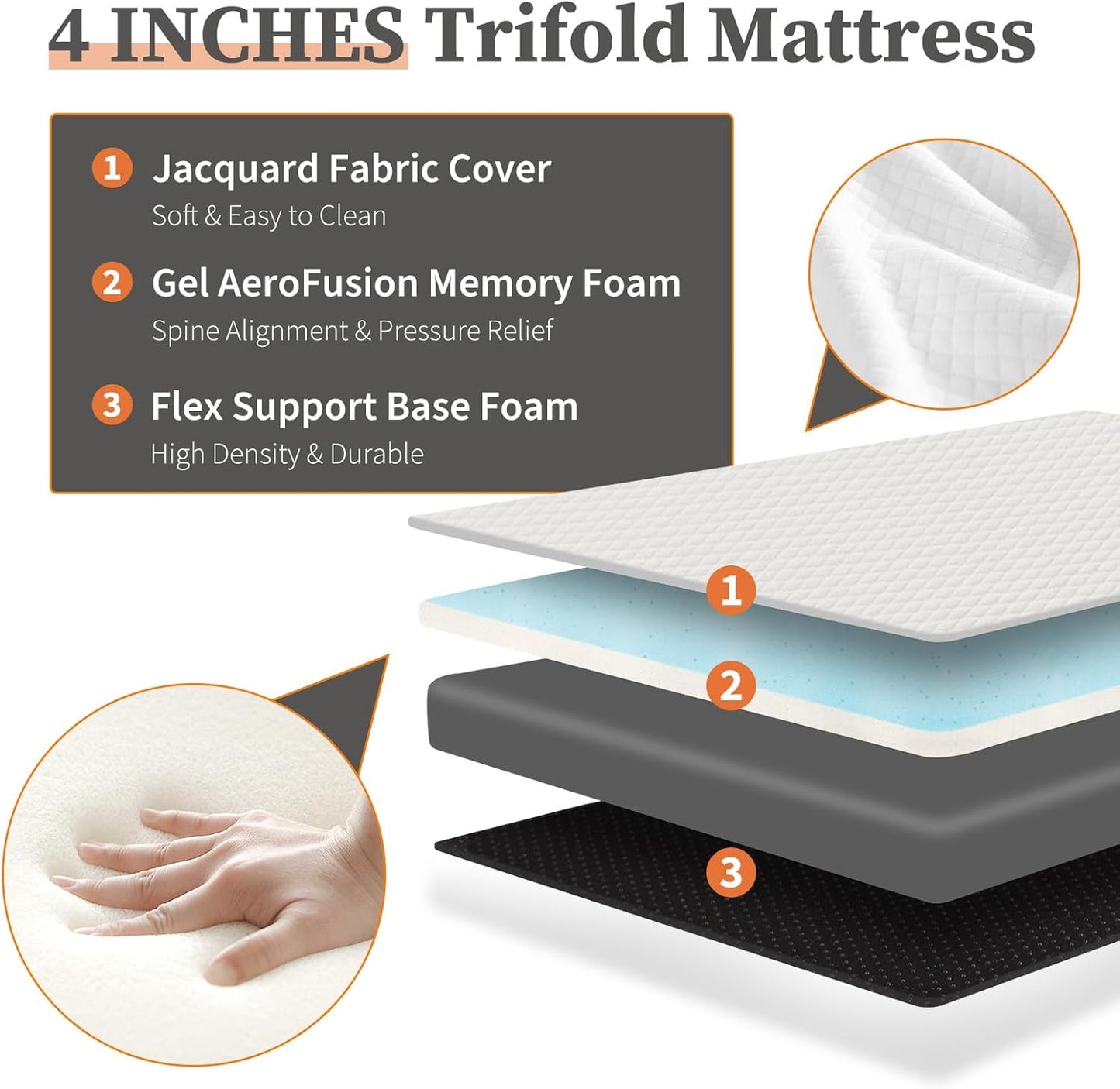 Sweetcrispy Tri-Fold Memory Foam Mattress - 4-Inch Full Size Portable Bed Pad | Washable Cover for Travel & Yoga
