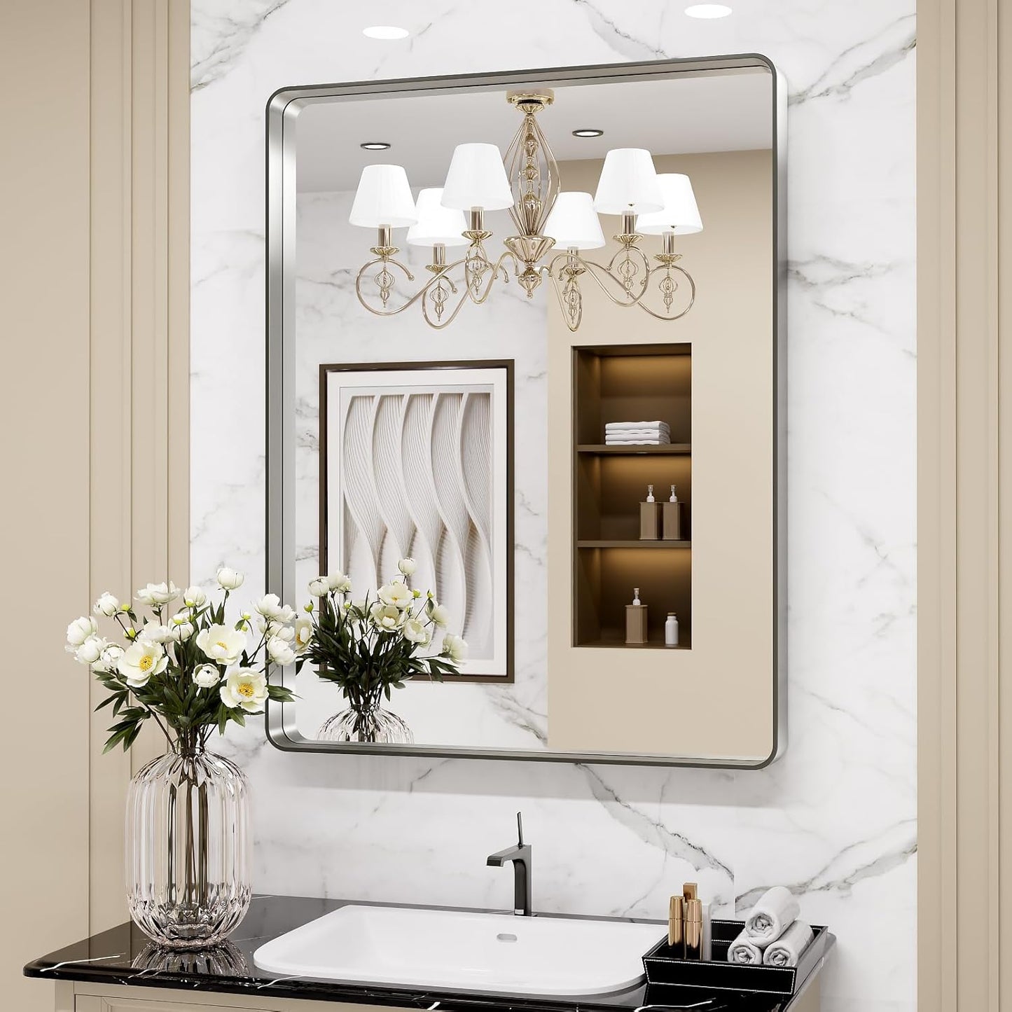 LOAAO Brushed Nickel Bathroom Mirror - 28X36 Inch Rounded Rectangle Design, Anti-Rust & Shatterproof