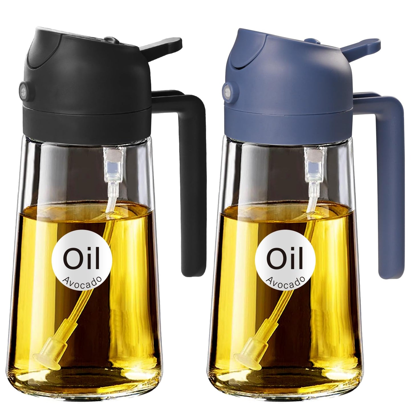 YARRAMATE 2Pcs 16oz/470ml Glass Olive Oil Sprayer for Cooking with Stickers, 2 in 1 Oil Dispenser for Kitchen Gadgets, Food Grade Premium Spray Bottle with Portion Control for Salad, BBQ (Black&Navy)