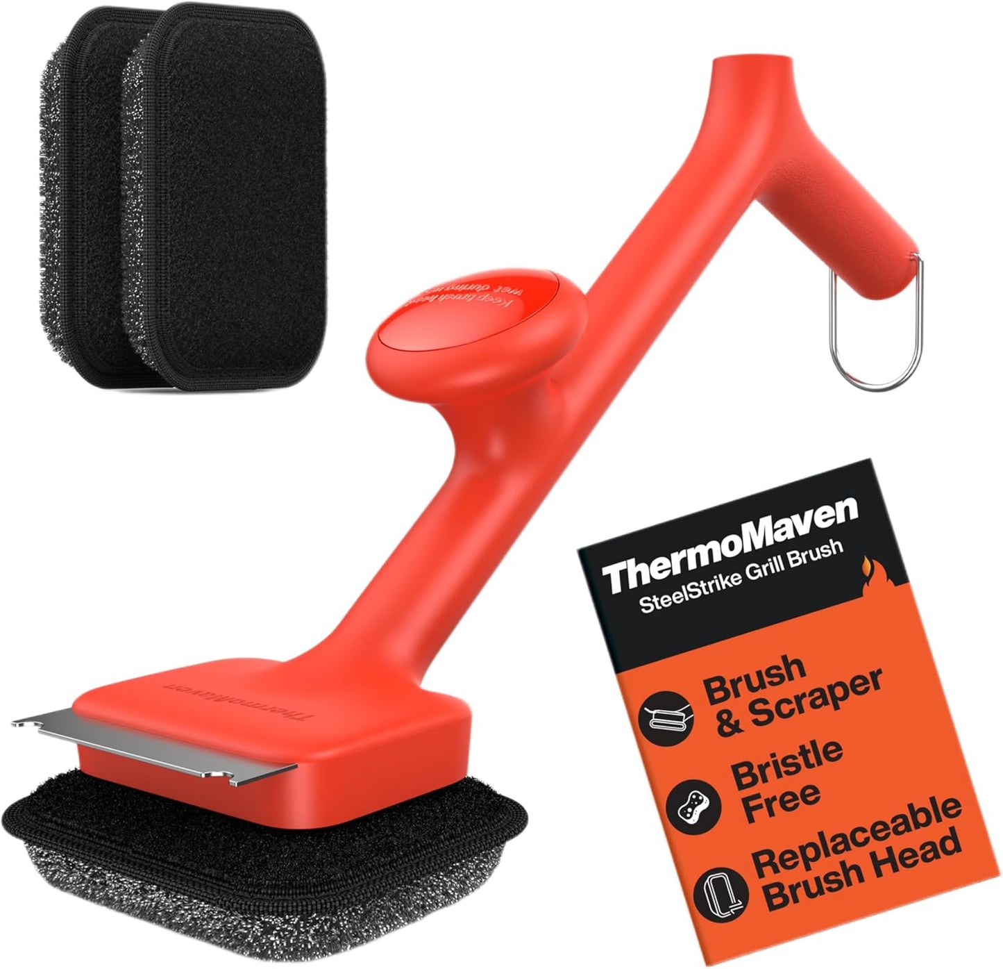 ThermoMaven BBQ Grill Brush - Bristle-Free Steam Cleaner for Quick Grease Removal - 17" Cool-Touch Handle & 3 Replaceable Heads