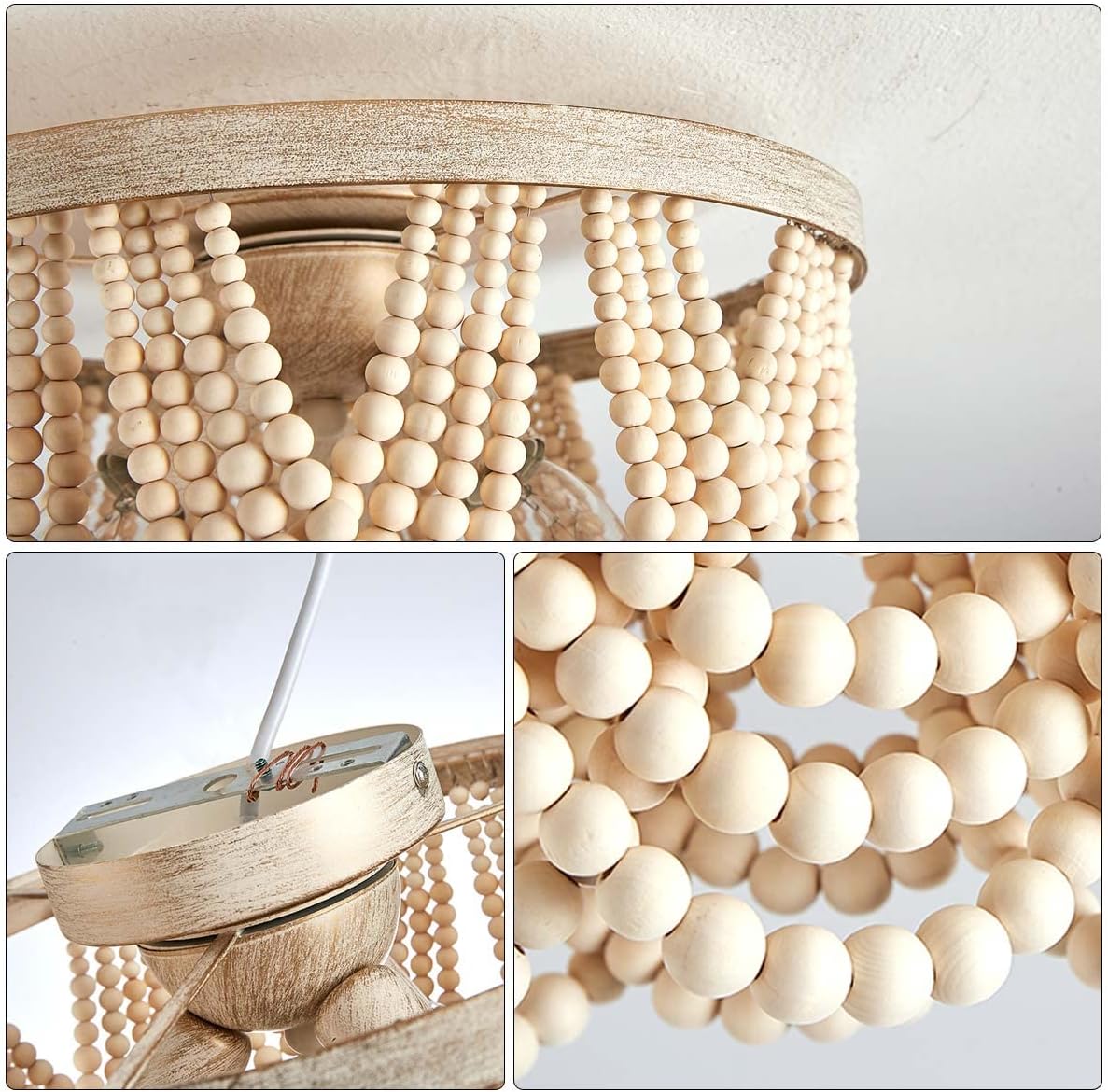 Farmhouse Boho Flush Mount Ceiling Light,3-Light Wood Bead Chandeliers,Black Metal Bohemia Hanging Pendant Lighting,Small Chandelier for Bedroom,Living Room,Entryway,Hallway