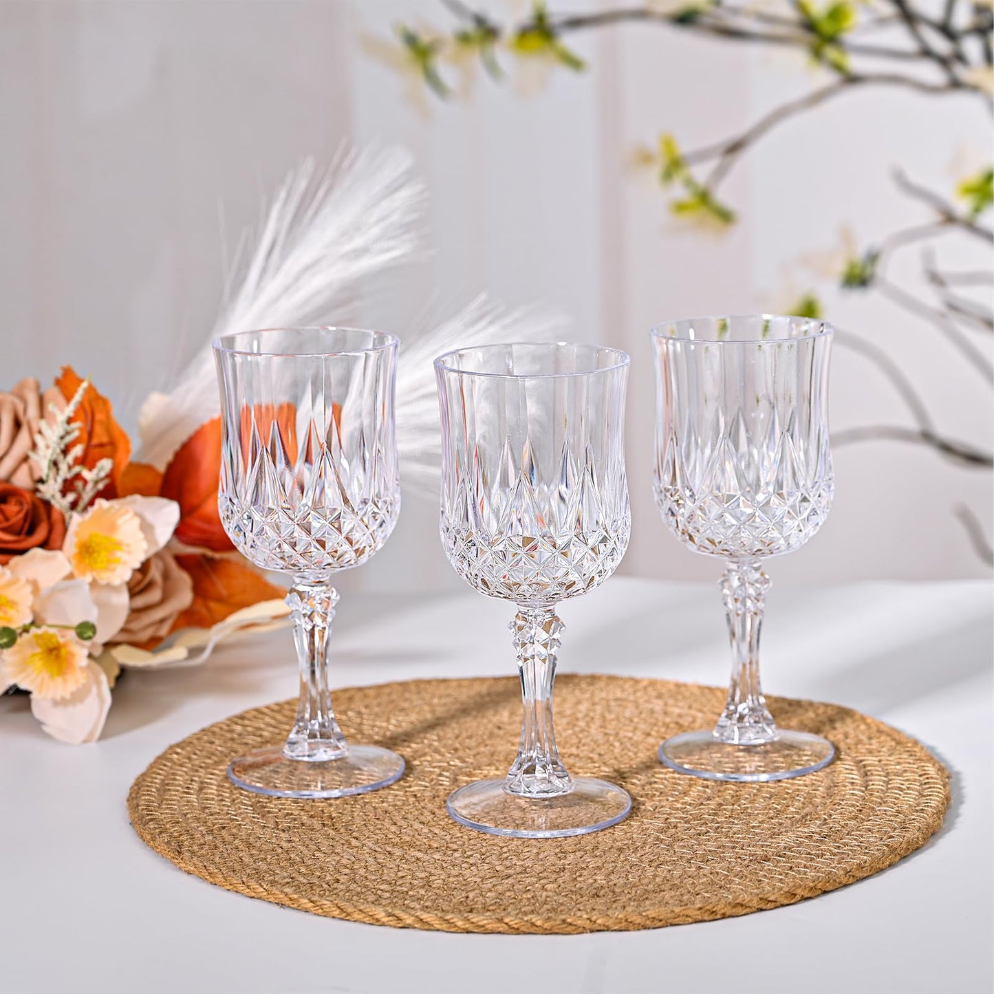 24 Pcs Clear Plastic Wine Glasses, Plastic Goblets for Parties, Vintage Wine Glasses Bulk, Reusable Drinking Glass, Drinkware Cups for Wedding Party Reception Event Supplies