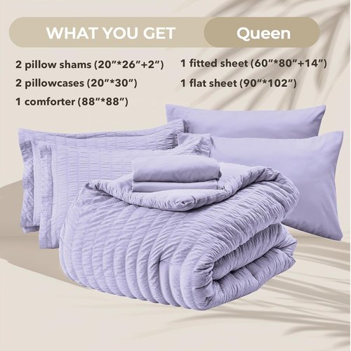 HYMOKEGE Queen Comforter Set - Light Purple Seersucker 7-Piece Luxury Bedding Set for All Seasons