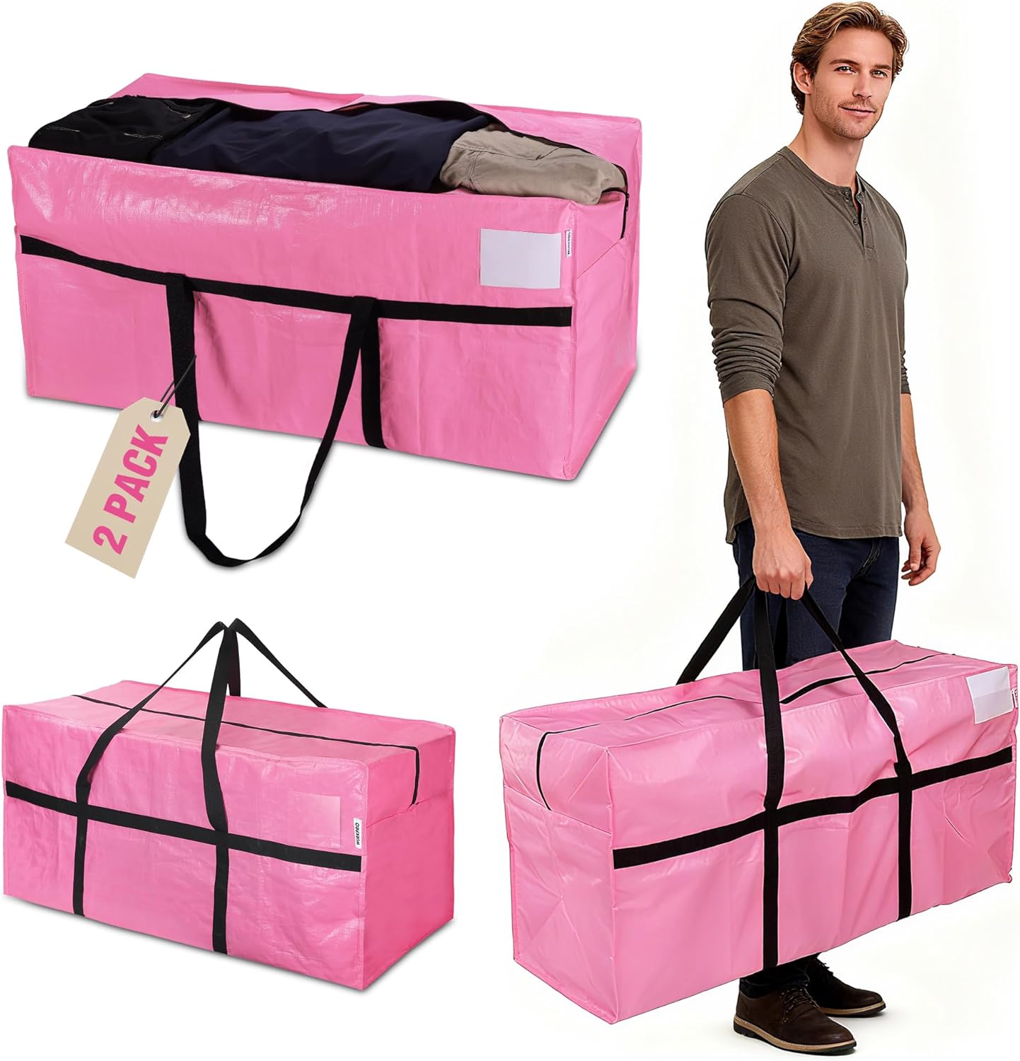 WORKPRO 66 Gallon Extra Large Heavy-Duty Moving Bags - Water-Resistant Storage Totes, 2-Pack | Pink