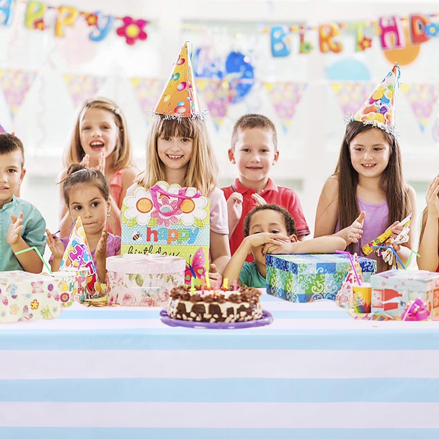 Kesfey 3 Packs Light Blue and White Vertical Striped Table Cloth 54 x 108 Inches Bluey Stripe Table Cover Disposable Plastic Beach Tablecloths Waterproof Rectangle Picnic Tablecover for Birthday Party
