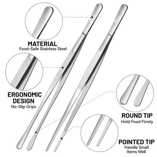 HOTEC Kitchen Tweezers Tongs Stainless Steel, Set of 4-10" and 12inch Extra-Long Food Tweezers Fine Kitchen Tongs for Cooking,Grill and Baking