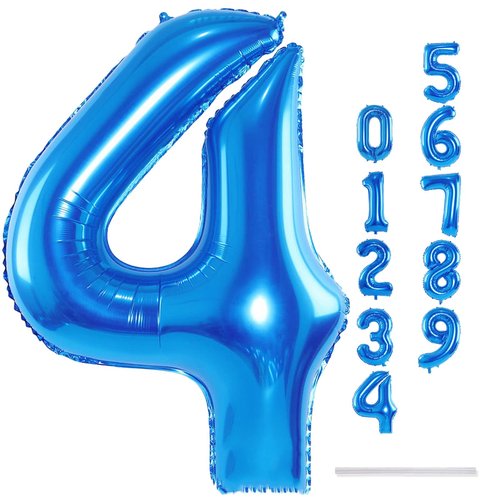 Blue 4 Balloons, 40 Inch Large Foil Number Balloons Set 0-9, Self Inflating Digital 4 Helium Balloon for Boys Men 4th 40th Age Birthday Anniversary Graduation Party Decorations Photo Shoot Supplies