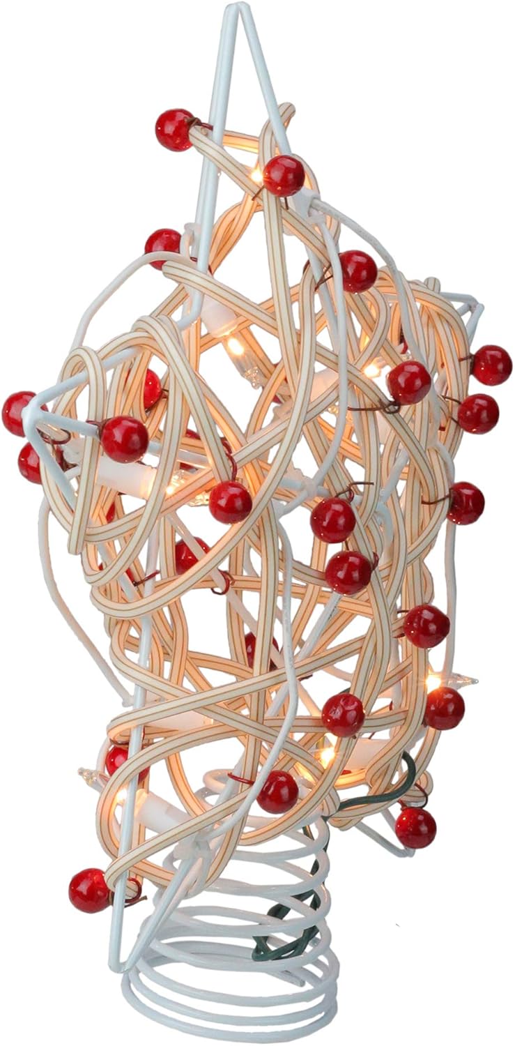 Lighted Birch Holly Berry Rattan Star Christmas Tree Topper - 11 Inch UL4295
