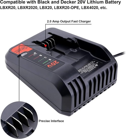 Black and Decker 20V Fast Charger - Compatible with LBXR20 & BDCAC202B Lithium Batteries