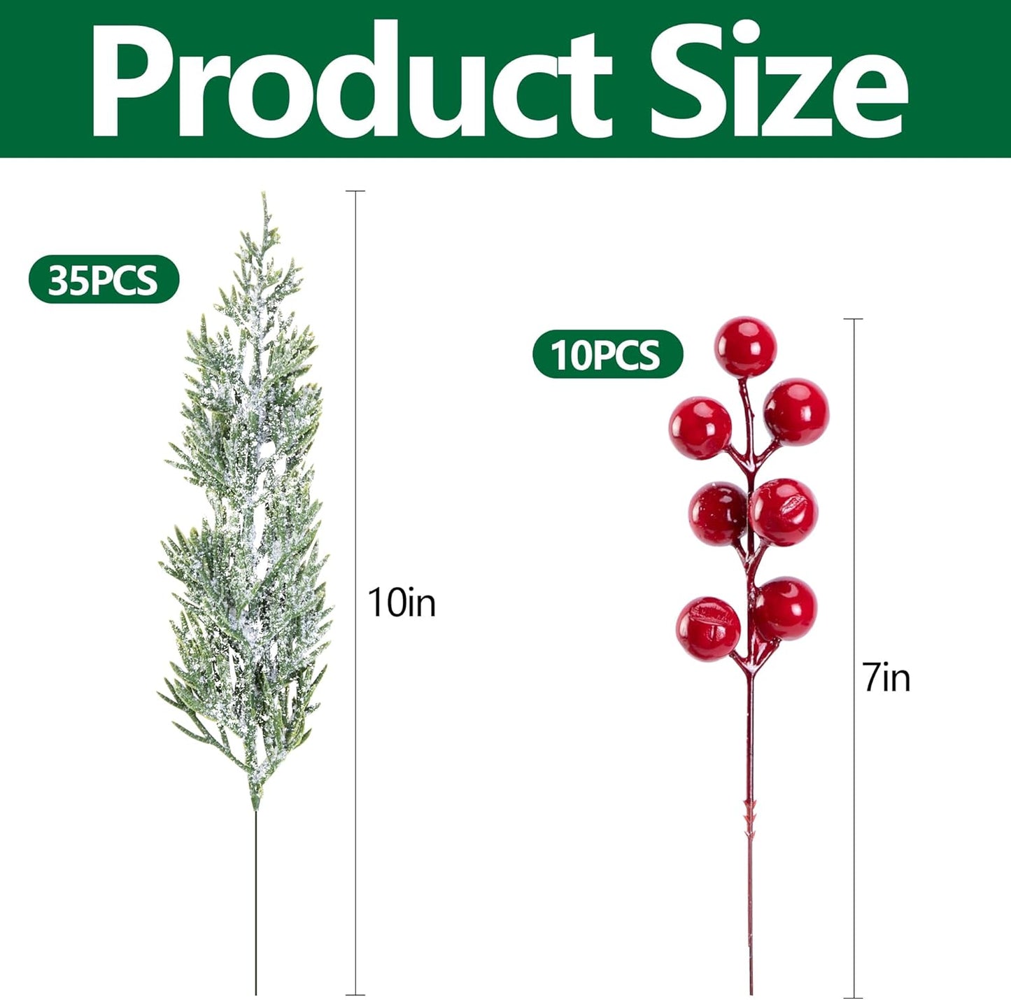 Skiennix 45 Pcs Artificial Christmas Snow Pine Branches - Snowy Faux Greenery with Red Berries for Home Decor