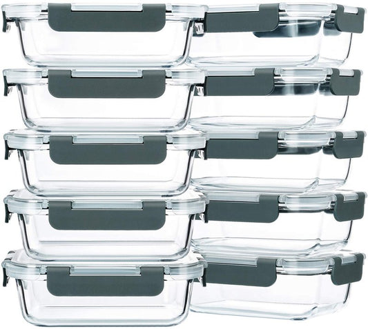 M MCIRCO 10-Pack,22 Oz Glass Meal Prep Containers,Glass Food Storage Containers with lids,Lunch Containers,Microwave, Oven, Freezer and Dishwasher (Gray)