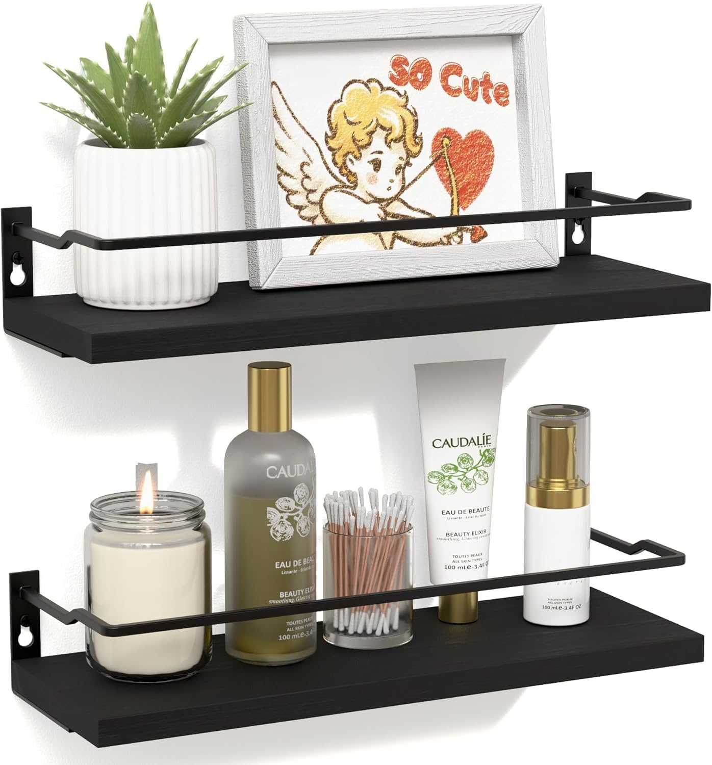 RICHER HOUSE Black Floating Bathroom Shelves - Over Toilet Storage Organizer with 2 Shelves