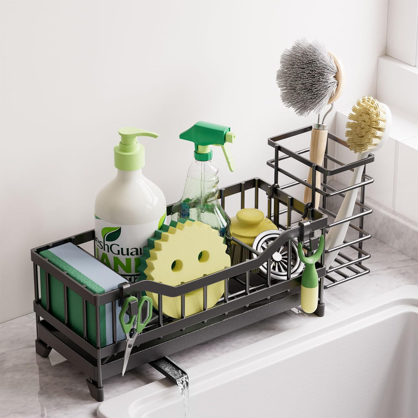 Mirtan Sponge Holder for Kitchen Sink, Kitchen Sink Caddy with Long-Handled Dish Brushes Holder, 304 Rustproof Stainless Steel Countertop Organizers and Storage, Home Kitchen Sink Accessories (Black)