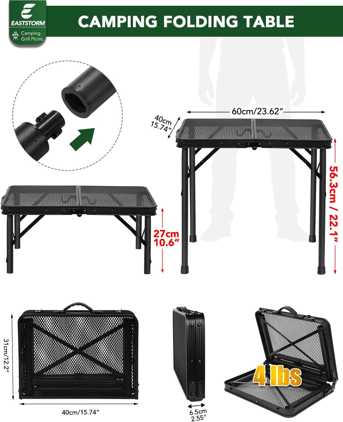 Skiennix Folding Camping Table - Adjustable Height 10.6–22 in, Portable Black Metal Mesh, 23.6×15.8 in, 66 lb Capacity