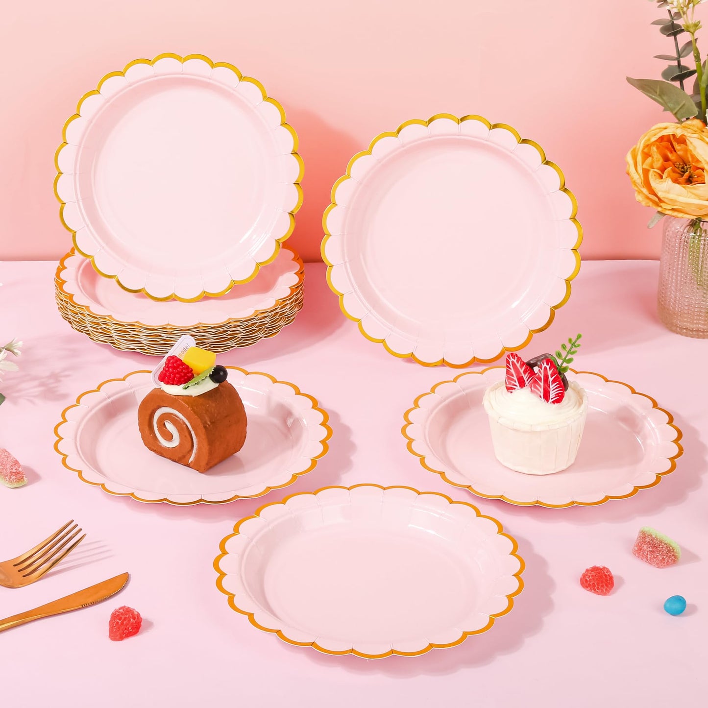 AimFun Pink Disposable Dessert Party Plates 7inch Gold Foil Scalloped Paper Plate for Valentines Day Bridal Baby Shower Wedding Tea Party Supplies