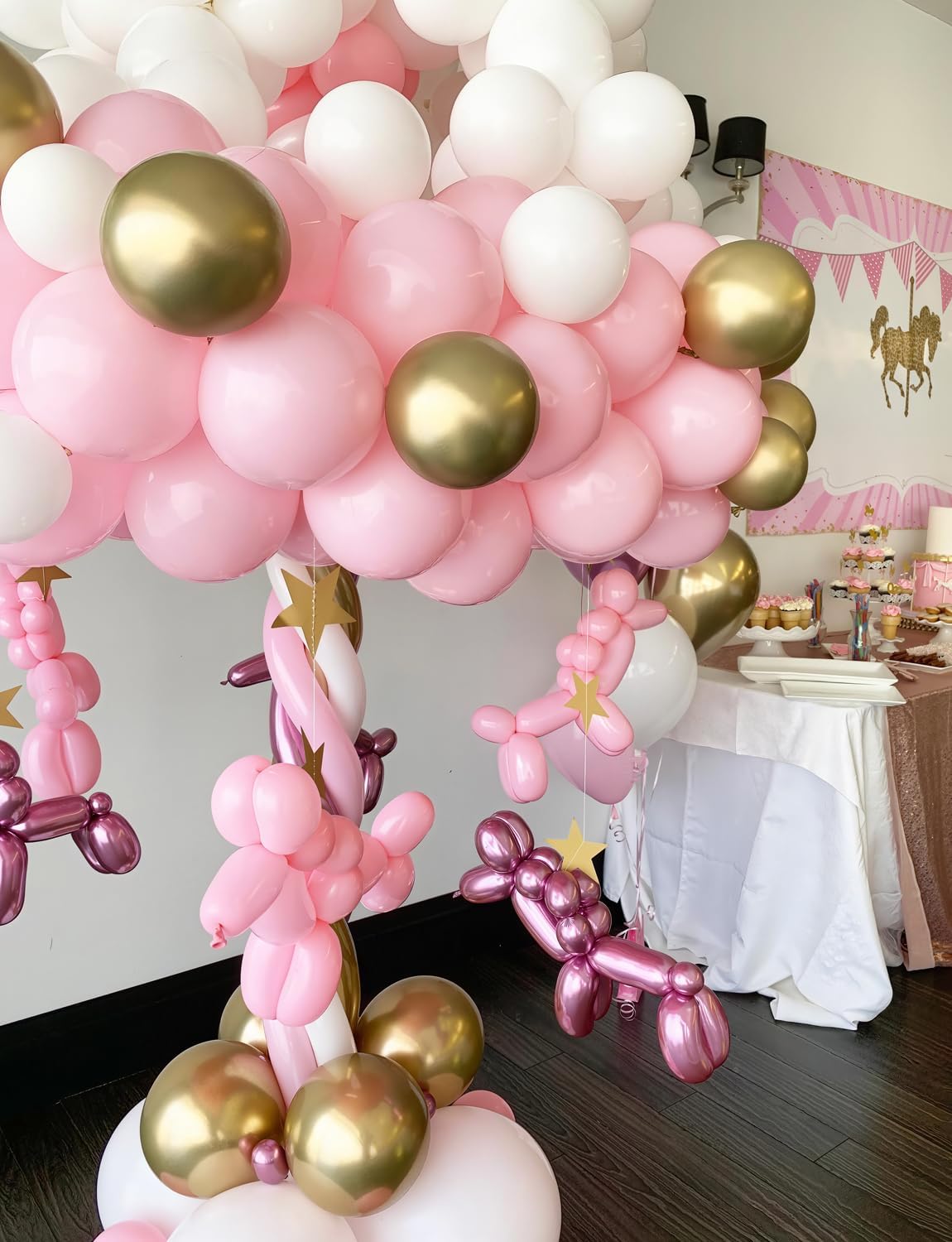 Skiennix Pink and Gold Balloon Set - 12 Inch Light Pink & White Latex Balloons with Shiny Metallic Gold Glitter for Princess Baby Shower & Birthday Party Decorations