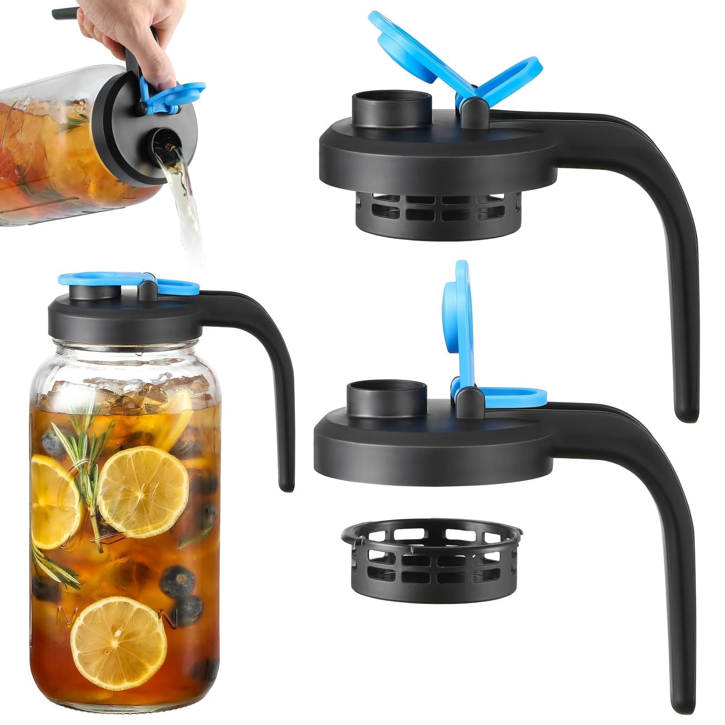 [UPGRADED LID] Wide Mouth Mason Jar Pour Spout Lids with Detachable Filters - 2 Pack Flip Top Pitcher Lids with Handle for Ball, Kerr & Others- Leak Proof Seal Cover Cap, Dishwasher Safe, Food Grade