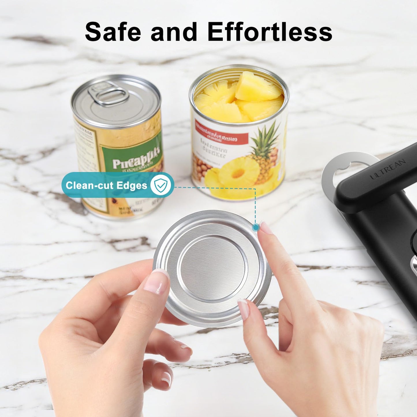 Ultrean Can Opener Manual, Heavy Duty Stainless Steel Smooth Edge Can Opener with Ergonomic Handles and Oversized Easy Turn Knob for Seniors, Black