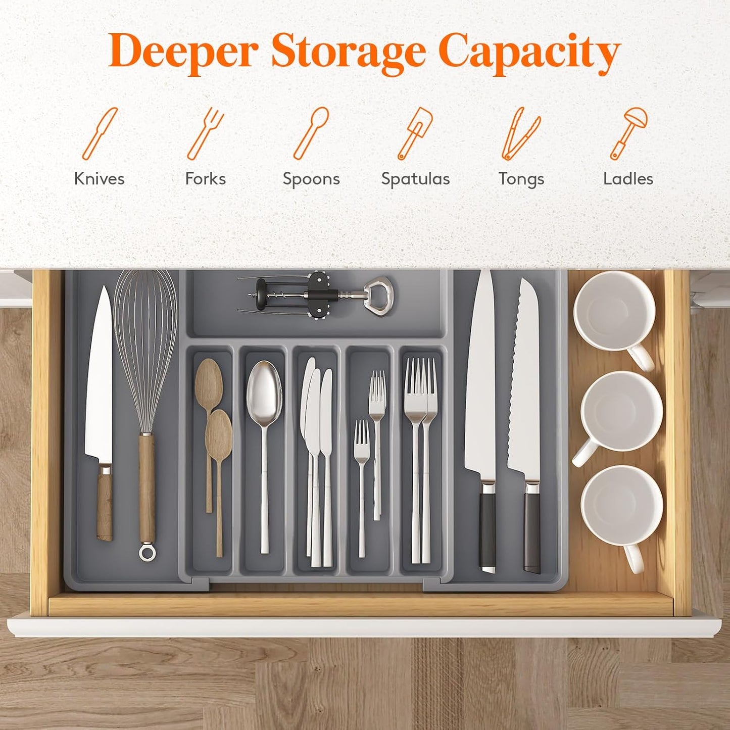 Lifewit Expandable Silverware Organizer - BPA-Free Utensil Tray for Kitchen | Adjustable Cutlery Holder, Gray (33-57 x 42cm)