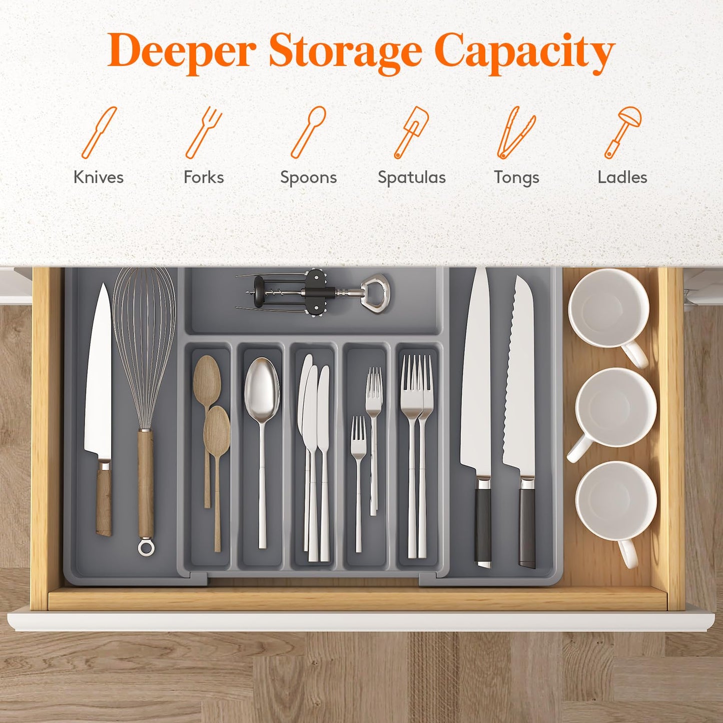 Lifewit Silverware Drawer Organizer, Expandable Utensil Tray for Kitchen, BPA Free Flatware and Cutlery Holder, Adjustable Plastic Storage for Spoons Forks Knives, 33 -57 x 42cm, Gray
