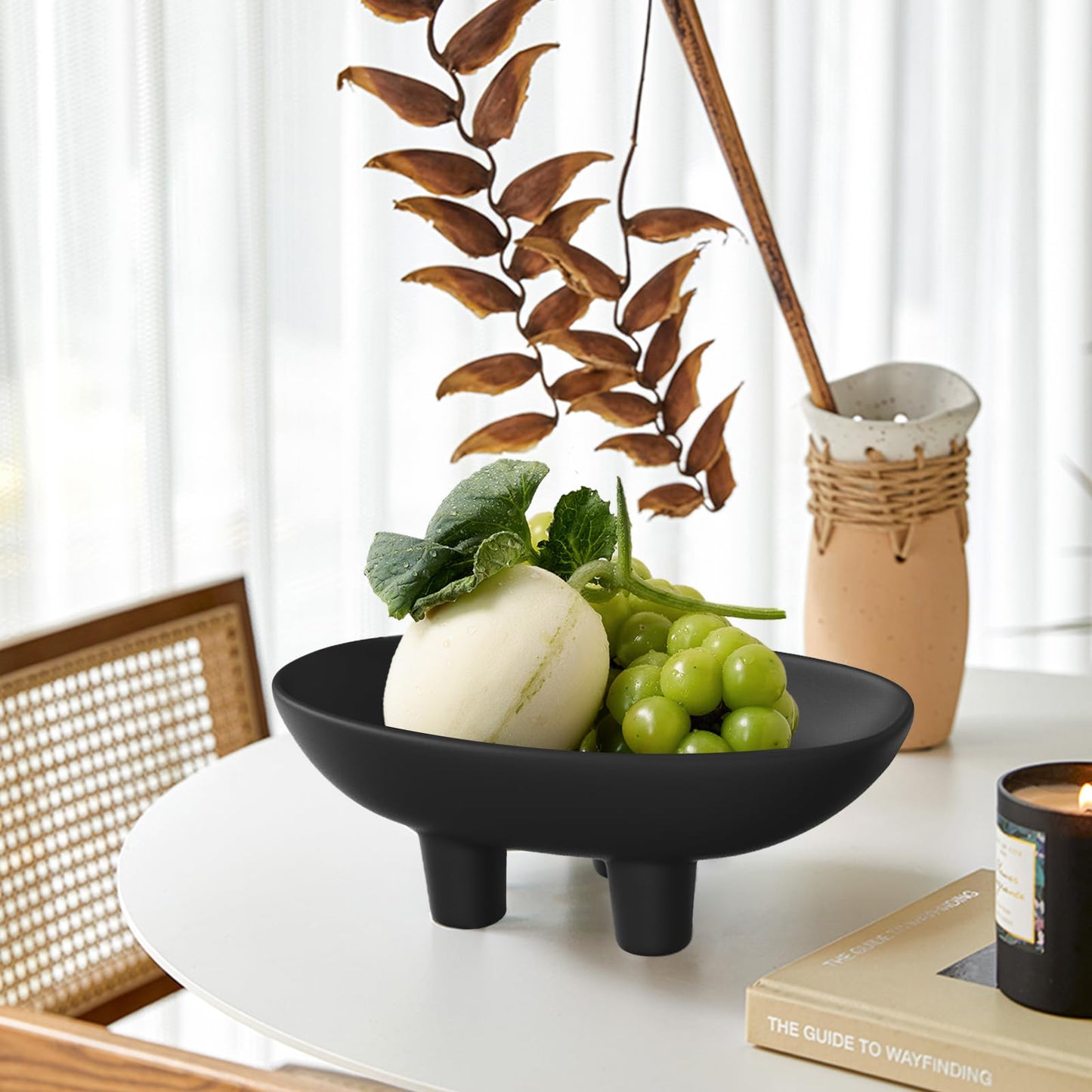 Samchilderlan Ceramic Fruit Bowl for Kitchen Counter, Three-Legs Decorative Bowl for Table Settings, Modern Fruit Bowl for Home Decor, 10inch Large Centerpiece Bowl for Breads Nuts (Black)