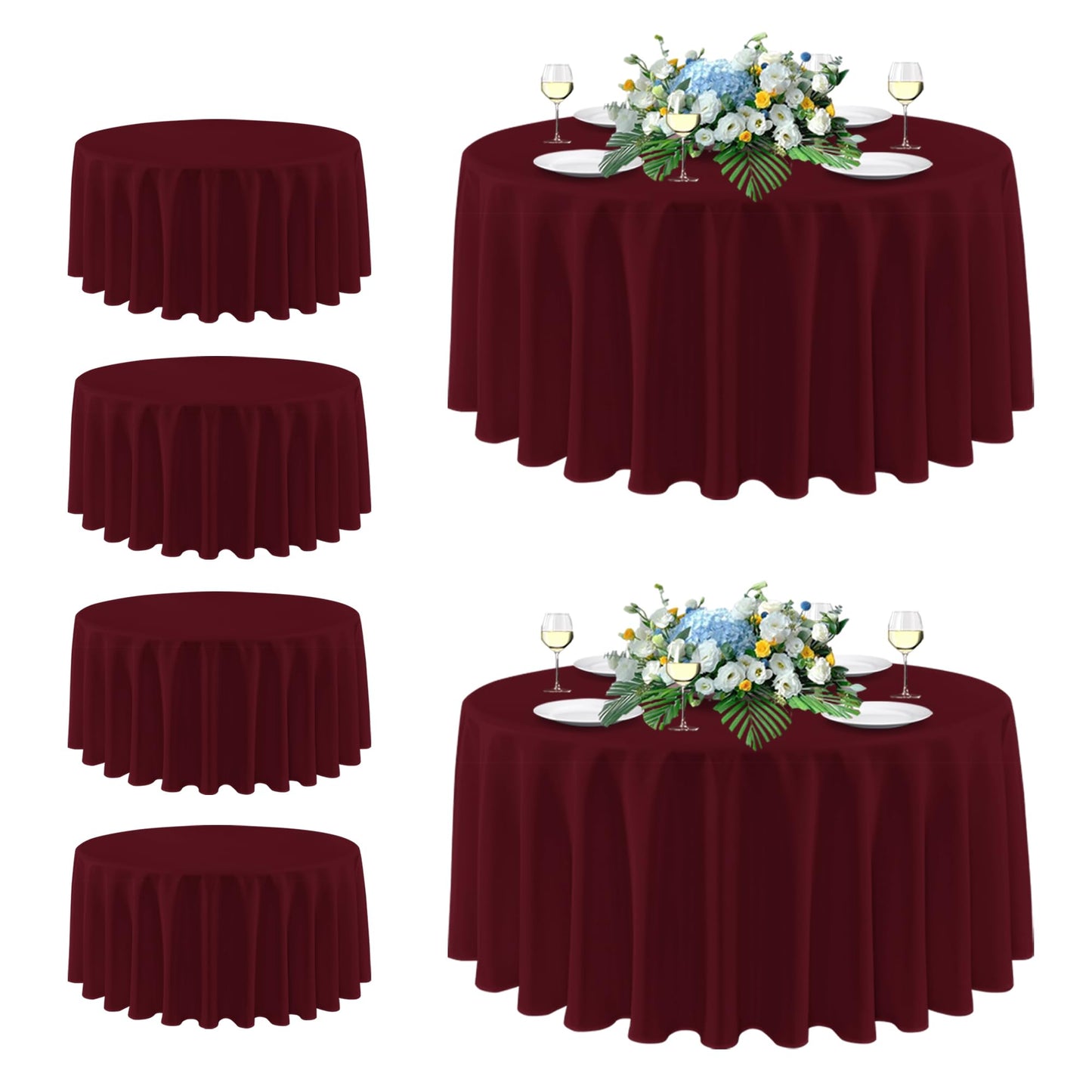 sancua Round Tablecloth 108 Inch Diameter, 6 Pack Burgundy - Circle Polyester Fabric Table Cloth for Chiristmas Party Reception Banquet Birthday, Washable Formal Table Cover (Fit 42-96 Inch Tables)