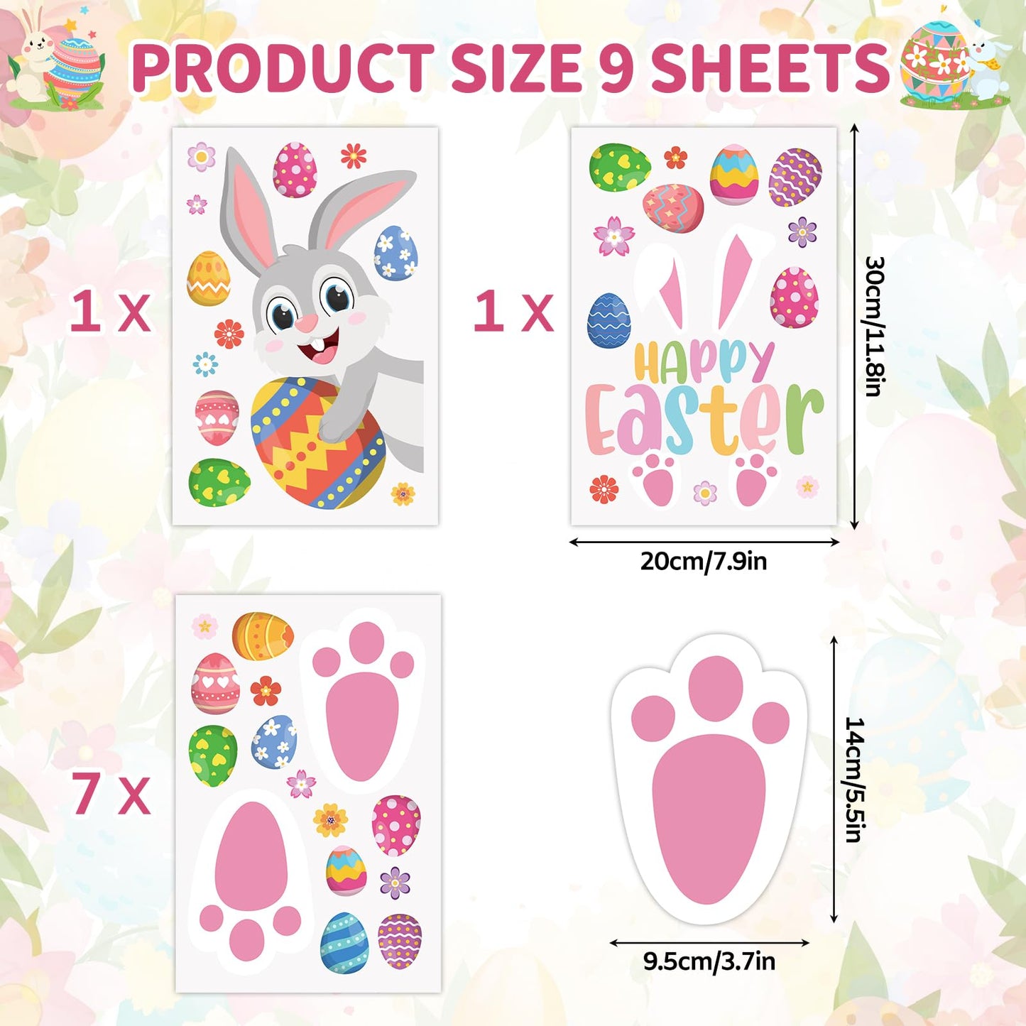 129 Pcs Easter Bunny Footprint Stickers for Floor Removable Easter Bunny Feet Paw Stickers Bunny Paw Print Easter Egg Flower Print Holiday Party Decorations Home Floor Window Decor Egg Hunting Games