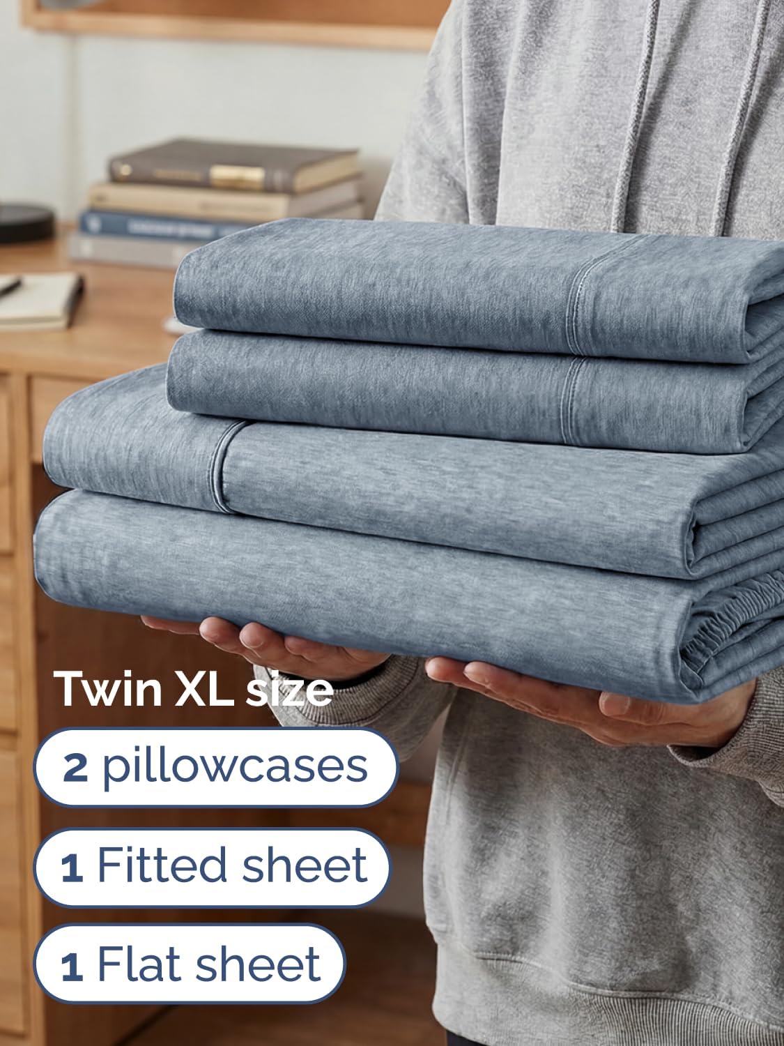 Skiennix Extra Deep Twin XL Sheet Set | 4-Piece Breathable Cooling Bedding - Soft, Wrinkle-Free, Heathered Blue