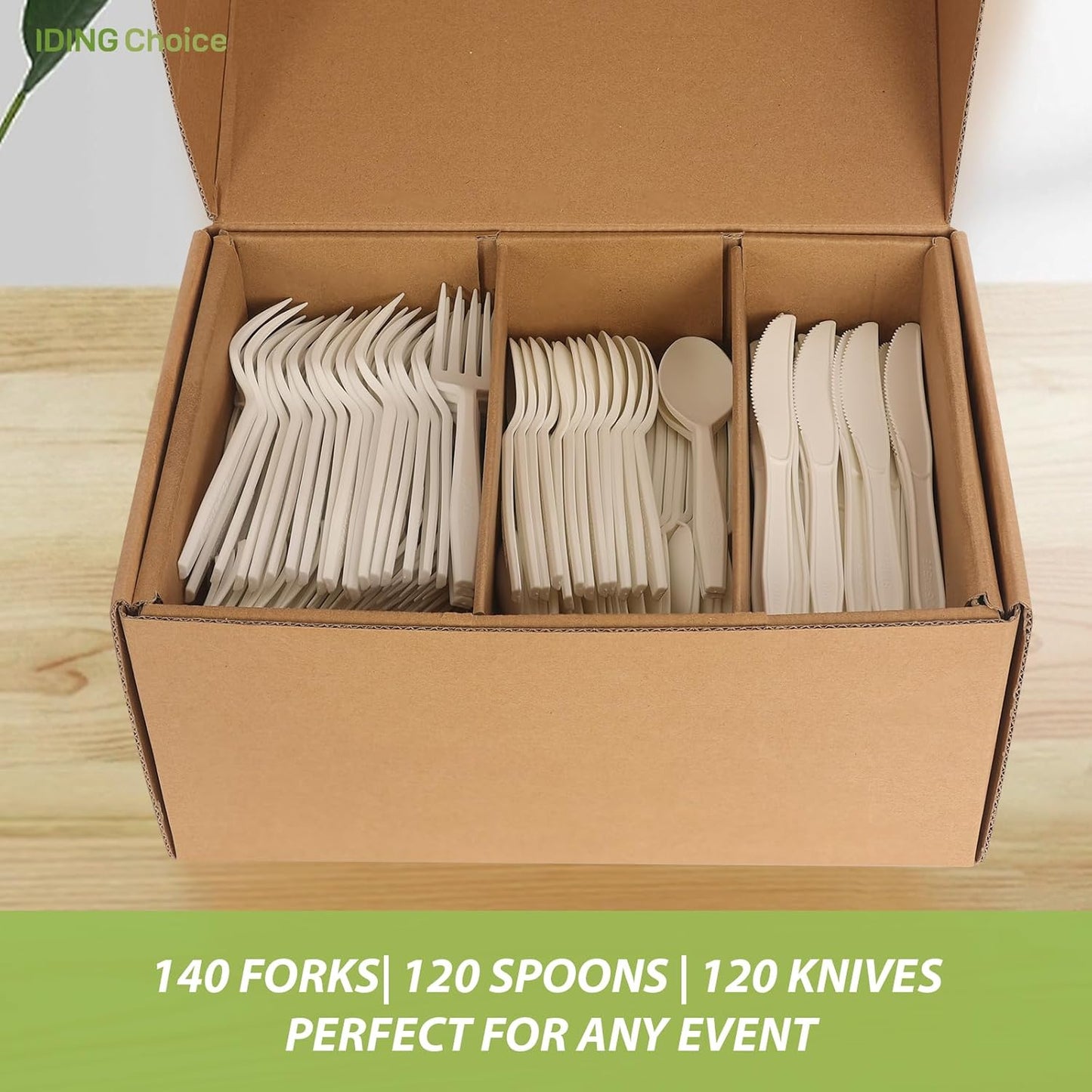 Skiennix Heavy Duty Compostable Cutlery Set - 380 Eco-Friendly Utensils for Weddings, Parties & Camping