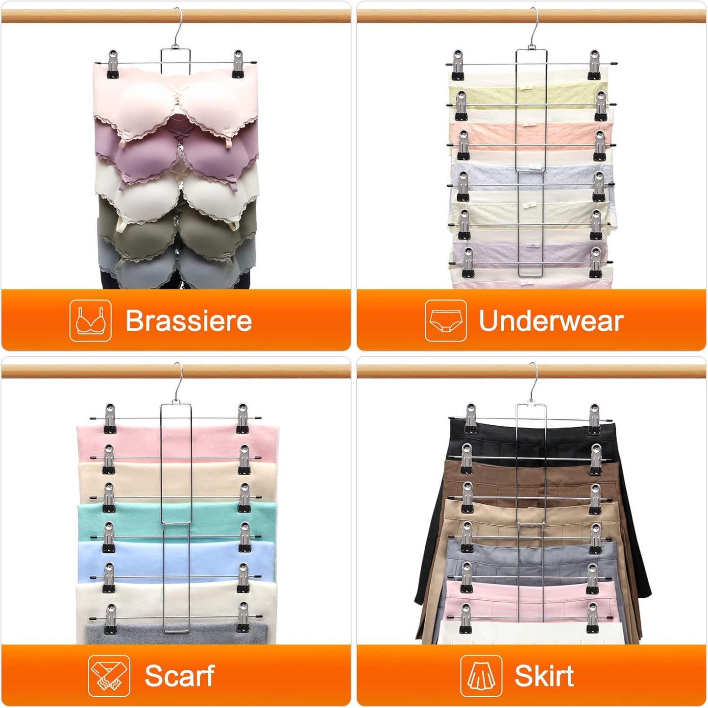 Skiennix 3-Pack Pants Hangers - Space-Saving 6-Tier Closet Organizers with Clips | Ideal for Jeans & Scarves