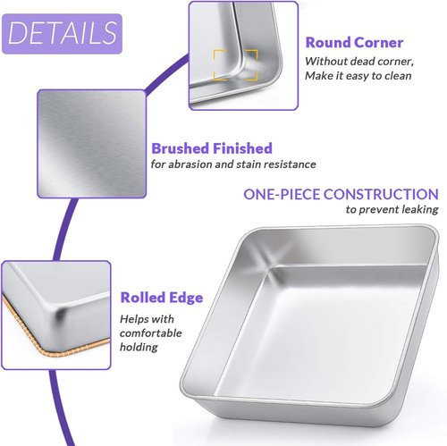 E-far 8 x 8-Inch Baking Pan Set - Stainless Steel Square Cake & Brownie Bakeware | Dishwasher Safe