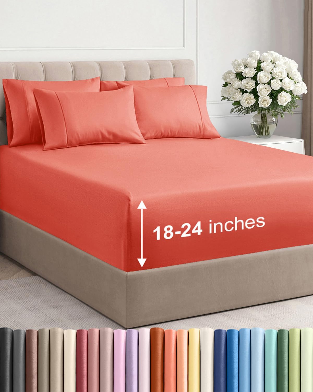 Skiennix Extra Deep Queen Sheet Set - 6 Piece Breathable Cooling Bedding - Soft Wrinkle-Free Coral