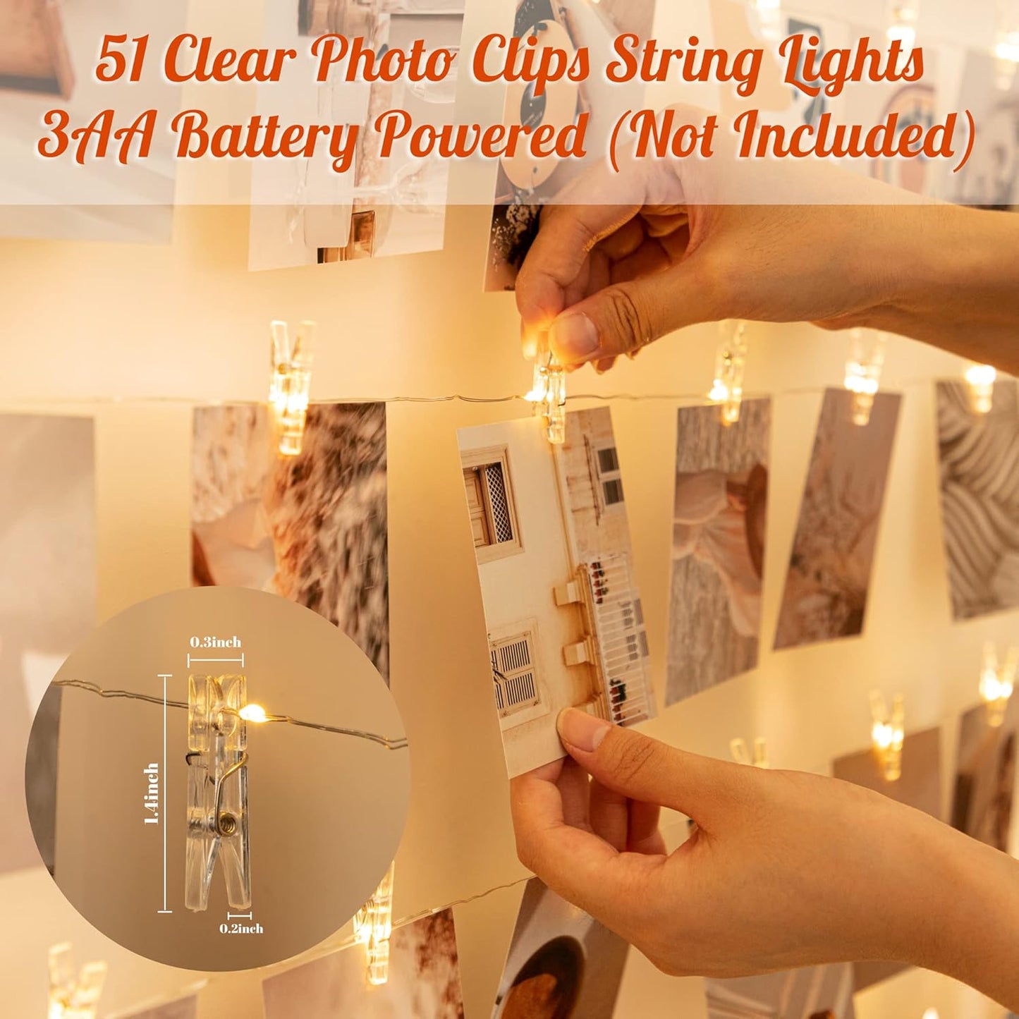 LUSHARBOR Fairy String Lights - 33FT Battery Operated Photo Clips for Room Decor | Clear Clips